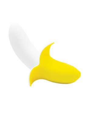 A digital artwork of a banana with the peel partially removed, revealing a white interior against a white background.