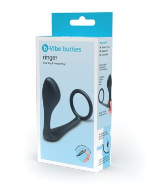 A product box for b-Vibe's "Butties Ringer," which is labeled as a cock ring and prostate plug, featuring an image of the black silicone device on the front, various product features listed on the side, and an instructional diagram on how to wear it.