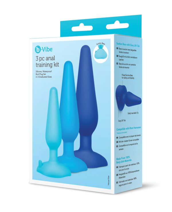 Package of a 3-piece anal training kit by b-Vibe, displaying silicone butt plugs in graduated sizes with product features listed on the side.