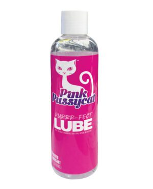 A clear bottle with pink labeling for "Pink Pussycat Purr-fect Lube," indicating a personal lubricant product, against a white background.