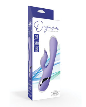 The image shows a product box for an "O-gasm Stimulator," which is a curved purple device, suggesting it is a personal adult pleasure product. The box features various product highlights such as "10 speeds," a "USB" symbol, and a "50" notation, possibly indicating features or settings of the product. The packaging has a white and blue color scheme with waves and swirl designs in the background.