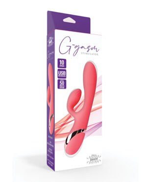 A product packaging box for a "Gogasm Stimulator" with branding and product information, including "10 speeds" and "USB" highlighted, along with an image of the pink adult toy on the front.