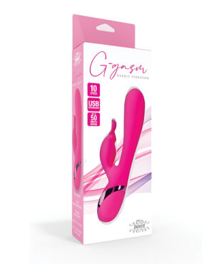 Product packaging for a pink "G-gasm Rabbit Vibrator" featuring speed settings and USB charging, depicted alongside the device itself.