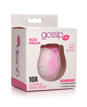 Packaging of a rechargeable clitoral stimulator designed as a rose, featuring multiple suction modes.