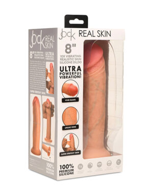 This image shows an adult novelty product packaging for an 8-inch vibrating realistic dildo, with features such as ultra-powerful vibration, vivid glans, lifelike veins, and super stretchy skin highlighted. It's labeled as made from 100% premium silicone.