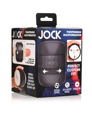 A product package for a "JOCK Tightening Masturbator" with various features highlighted, such as adjustable tightness, open-ended design, and being made of soft and stretchy material.