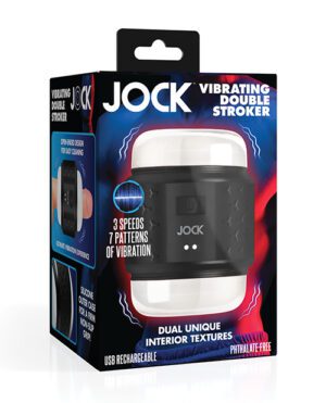 Product packaging for a JOCK Vibrating Double Stroker with features highlighted, including 3 speeds, 7 patterns of vibration, and USB rechargeable.