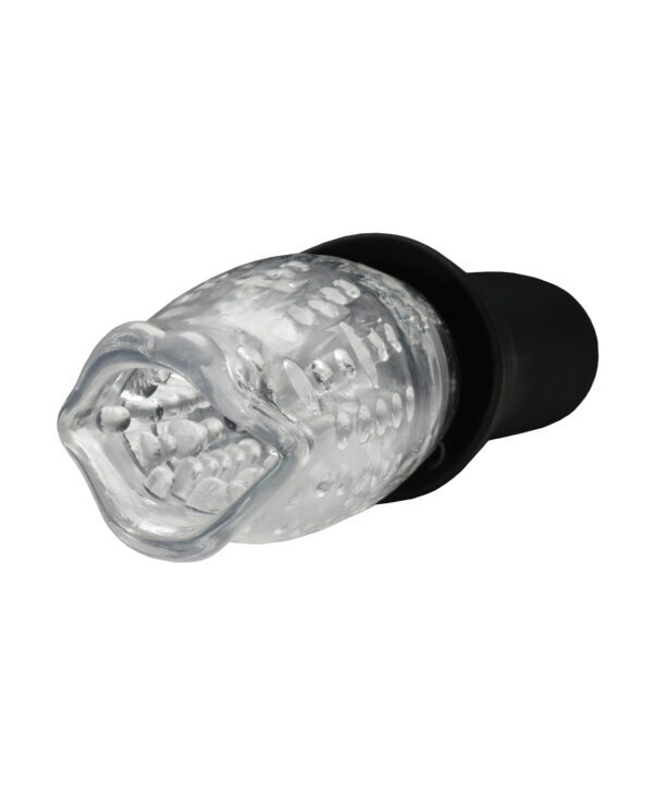 Clear glass light bulb with visible textured details and black base on a white background