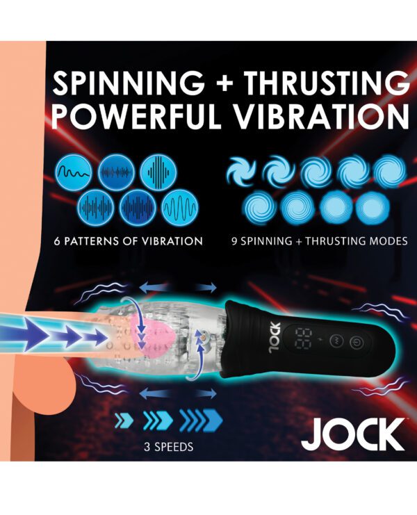 An illustration of a vibrating device with labels indicating 6 patterns of vibration, 9 spinning and thrusting modes, and 3 speeds with the brand name JOCK visible.