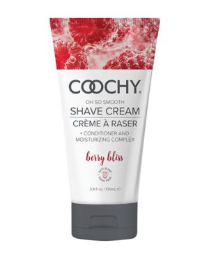 A tube of Coochy brand "Oh So Smooth" shave cream with conditioner and moisturizing complex in "Berry Bliss" scent, 3.4 oz / 100mL size.