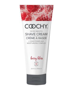 A tube of Coochy brand shave cream labeled "Oh so smooth SHAVE CREAM" with "berry bliss" scent, featuring a conditioner and moisturizing complex, size 12.5 fl oz or 370mL.