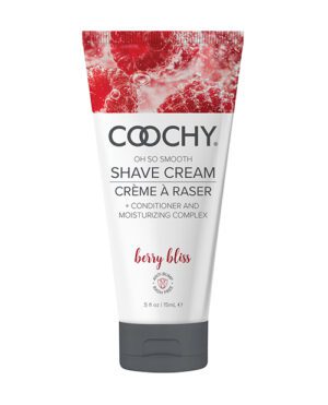 A tube of Coochy brand shave cream in Berry Bliss scent, featuring a white and red color scheme with text detailing the product as a conditioner and moisturizing complex.