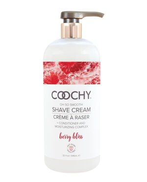 A bottle of Coochy shave cream labeled "Oh So Smooth" with "Berry Bliss" fragrance, featuring a pump dispenser, white label with red accents, and a graphic of bubbles and red berries.