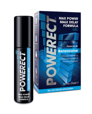 Powerect Male Delay Gel::A product image featuring Powerect Max Power Male Delay Formula Gel with a 15ml container and its packaging, highlighting the key ingredient Benzocaine.