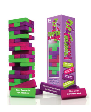 A colorful game set featuring a tower made of blocks, each with playful intimacy prompts, next to a box labeled "Tower of Pleasure" with text highlighting its purpose of building intimacy through fun activities.