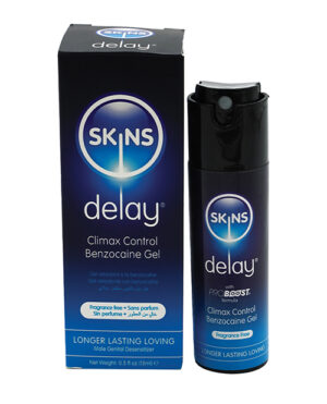 : A sleek black and blue packaging featuring SKINS Delay Climax Control Benzocaine Gel, designed for longer-lasting intimate moments.