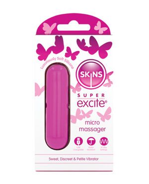 Product packaging for a SKINS brand "Super Excite Micro Massager," featuring a pink, pocket-sized device against a white background with purple butterflies and text detailing features such as "Luxuriously Soft Silicone," USB chargeable, water-resistant, and 10 vibe settings.