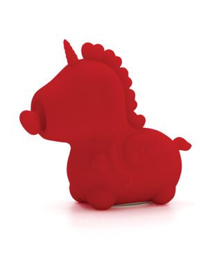 A stylized red unicorn silhouette against a white background.