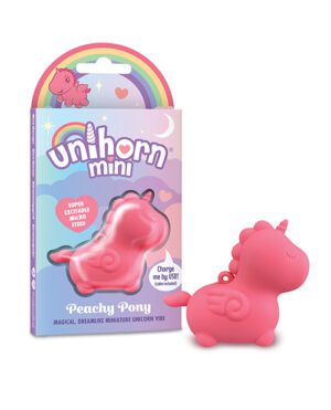 A pink unicorn-themed vibrator with its packaging, highlighting the product's mini size and USB charging feature.