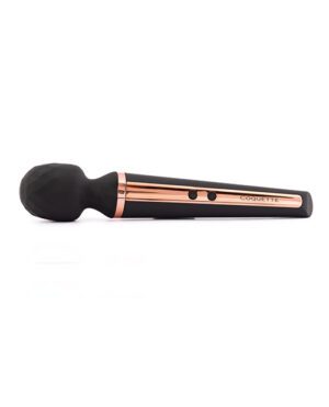 A black and rose gold wand massager with a spherical head and a handle featuring control buttons, isolated on a white background.