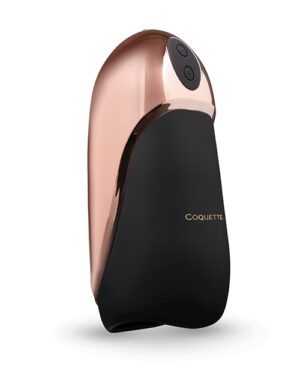 A sleek hair removal device with a black body and a copper-toned top, featuring the brand name "COQUETTE" and a control button.
