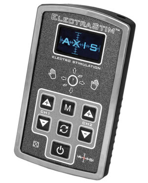 A sleek, handheld ElectraStim electro stimulation device featuring a digital display and control buttons for adjusting settings.