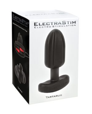 A product box for "ELECTRASTIM Electro Stimulation" device named 'TARTARUS', displaying the product next to its packaging.
