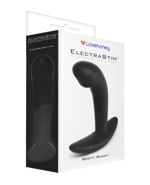 Product packaging for ElectraStim "Booty Buddy" by Lovehoney, an electrostimulation adult toy, displayed in front and side views.