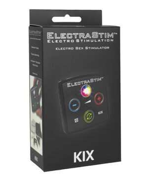 Packaging for the ElectraStim electro stimulation device, featuring a control unit with buttons for various settings.