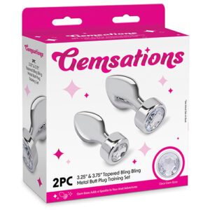 Gemsations 2 pc 3.25" & 3.7" Tapered Bling Bling Metal Butt Plug Training Set - Silver