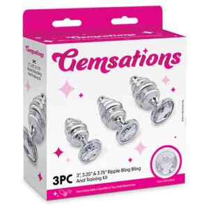 Gemsations 3 pc 2.95" & 3.25" & 3.7" Ripple Bling Bling Metal Butt Plug Training Set - Silver