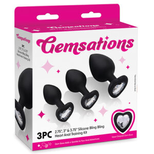 Gemsations 3 pc 2.75" & 3.15" & 3.7" Silicone Bling Bling Heart Butt Plug Training Set - Black