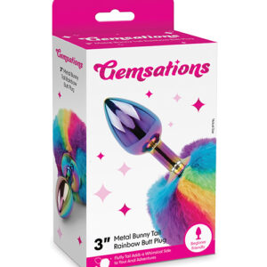Gemsations 2.95" Metal Bunny Tail Rainbow Butt Plug - Rainbow