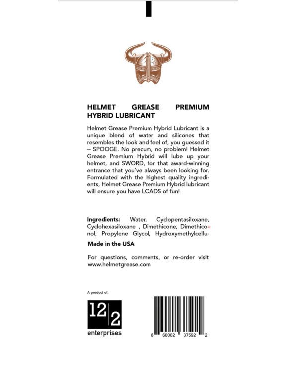 A label showcasing the Helmet Grease Premium Hybrid Lubricant with product description, ingredients, and barcode.