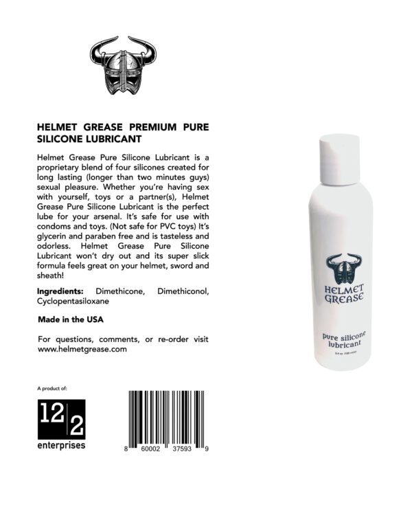 Image showing the label of Helmet Grease Premium Pure Silicone Lubricant with ingredients and barcode.