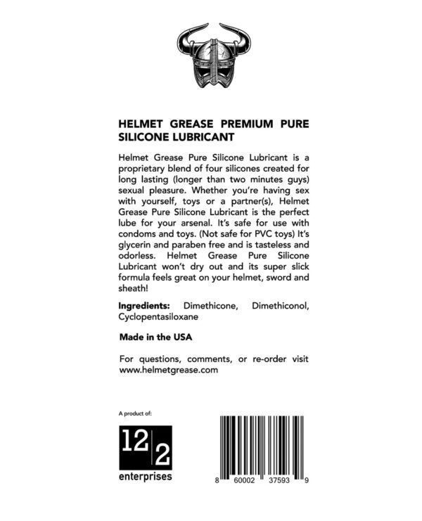 An advertisement for Helmet Grease Premium Pure Silicone Lubricant, listing benefits, ingredients, and manufacturer information.