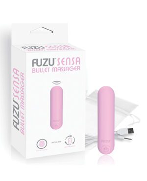 Pink Fuzu Sensa Bullet Massager beside its box with USB cable.