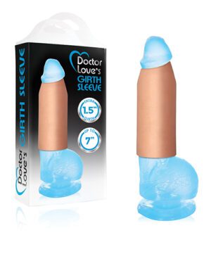 Product packaging for "Doctor Love's Girth Sleeve" next to a partial mannequin wearing the product, which is a blue, translucent sheath. The package has text indicating the product adds extra girth and is up to 7 inches.