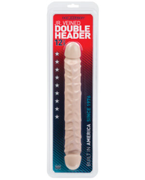 A 12-inch double-ended dildo with a veined design, packaged in a clear plastic case with a red and blue background.