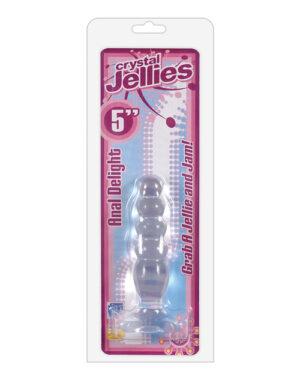 A 5-inch clear jelly anal toy packaged in eye-catching graphics, showcasing its smooth design and vibrant colors.