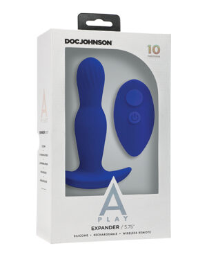 Blue silicone expandable toy set with wireless remote and 10 functions, packaged attractively.