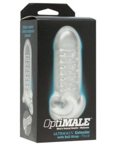 Packaging of the OptiMALE men's sexual health product, featuring an Ultraskyn Extender with ball strap.