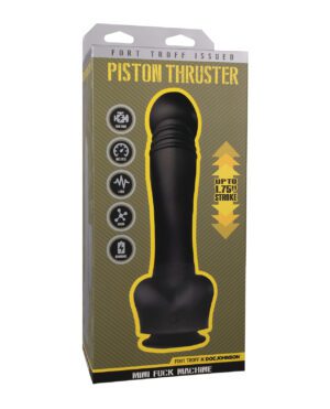 A packaged adult toy labeled "PISTON THRUSTER" highlighting features such as stroke length and various functionalities.