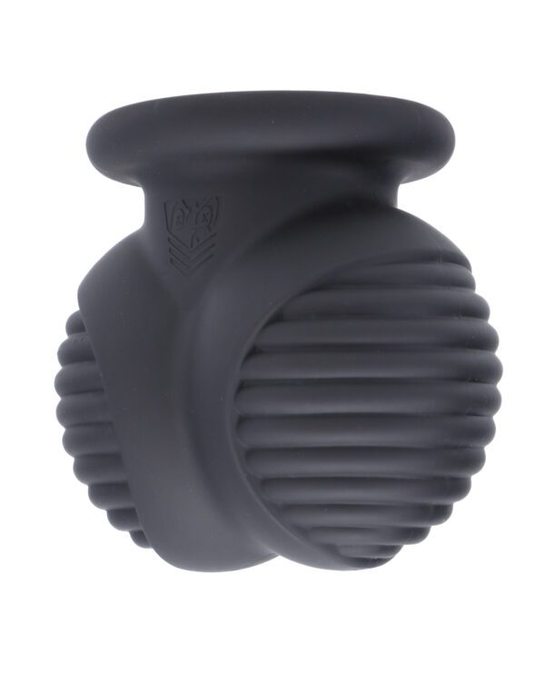 Close-up of a black silicone gas mask with ribbed hose connector isolated on a white background.