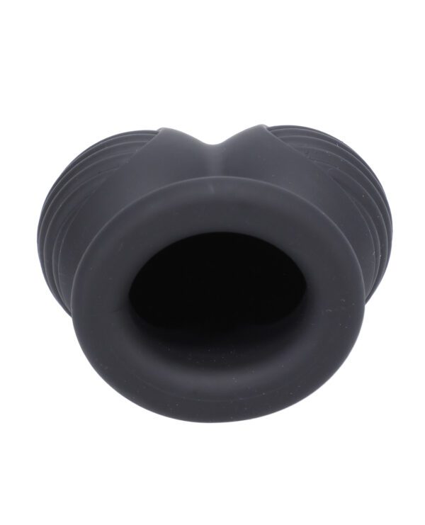 A black silicone mouthpiece for a breathing apparatus or snorkel, isolated on a white background