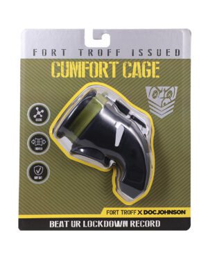 Product packaging for a matte black and translucent "Comfort Cage" with branding, icons indicating material and features, and promotional tagline.