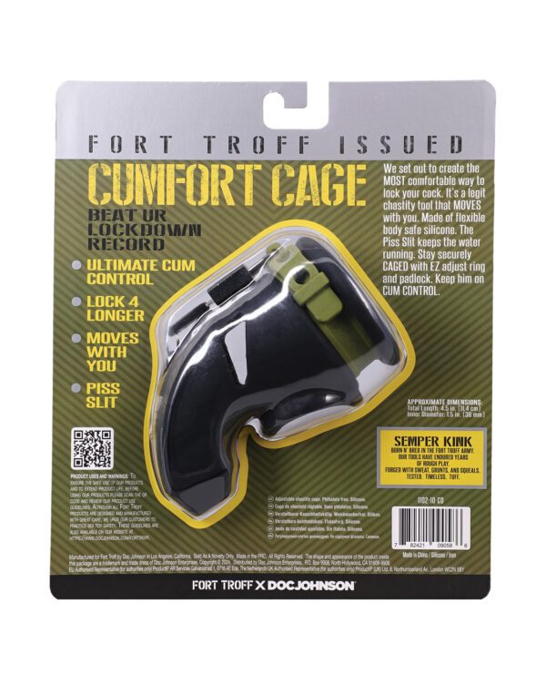 Packaging for a chastity cage by Fort Troff and Doc Johnson, featuring product details and branding.