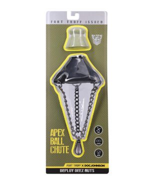 A packaged adult novelty product by Fort Troff and Doc Johnson, with the title 'APEX BALL CHUTE' and the slogan 'DEPLOY DEEZ NUTS' visible.