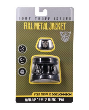 Packaging of Fort Troff Full Metal Jacket silicone rings with magnetic weight, displayed on a yellow and grey card.