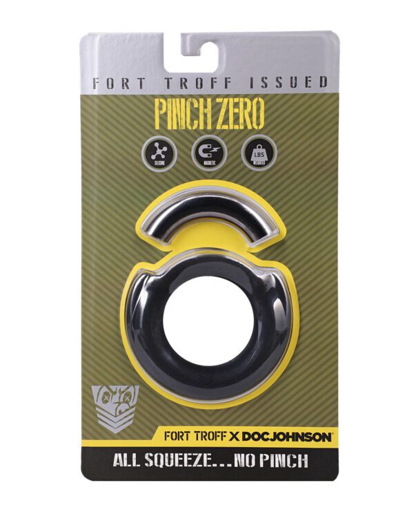 The image depicts the packaging of a PinchZero silicone cock ring by Fort Troff and Doc Johnson, featuring a black and yellow design with product information and branding.